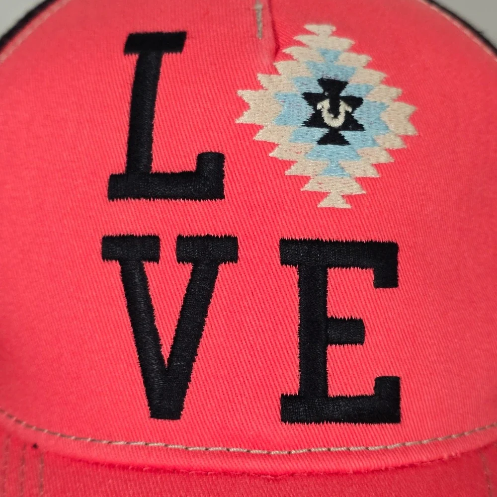 True Religion LOVE Trucker Hat Unisex Red Pink Black Mesh Embroidered Strapback